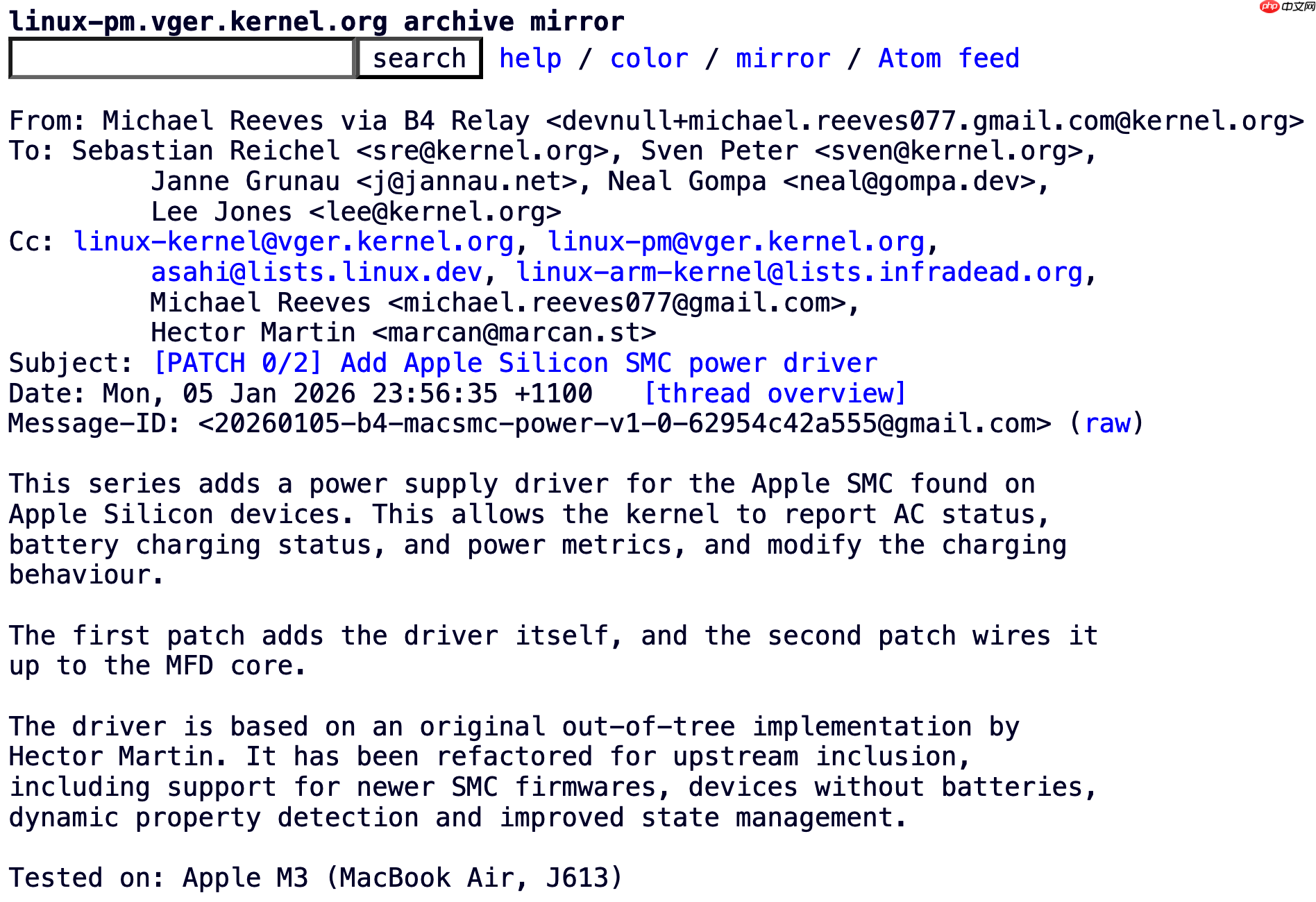 Linux 内核将支持 Mac 电池与电源状态监测