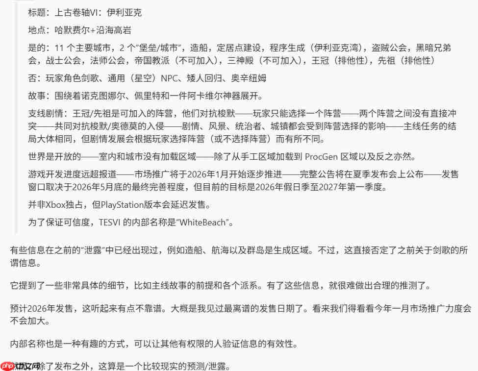 26年年底或将发售！《上古卷轴6》主线剧情与核心机制据称泄露