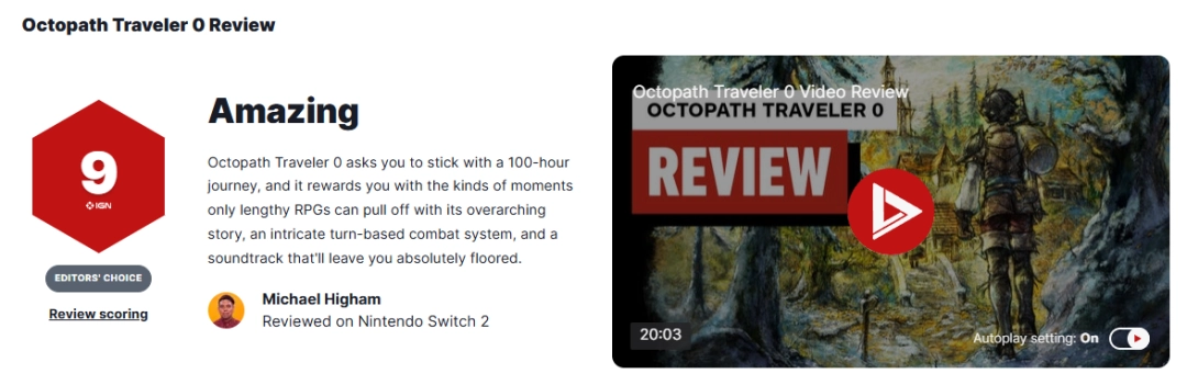 9分必玩！IGN评《八方旅人0》:上百小时的独特体验