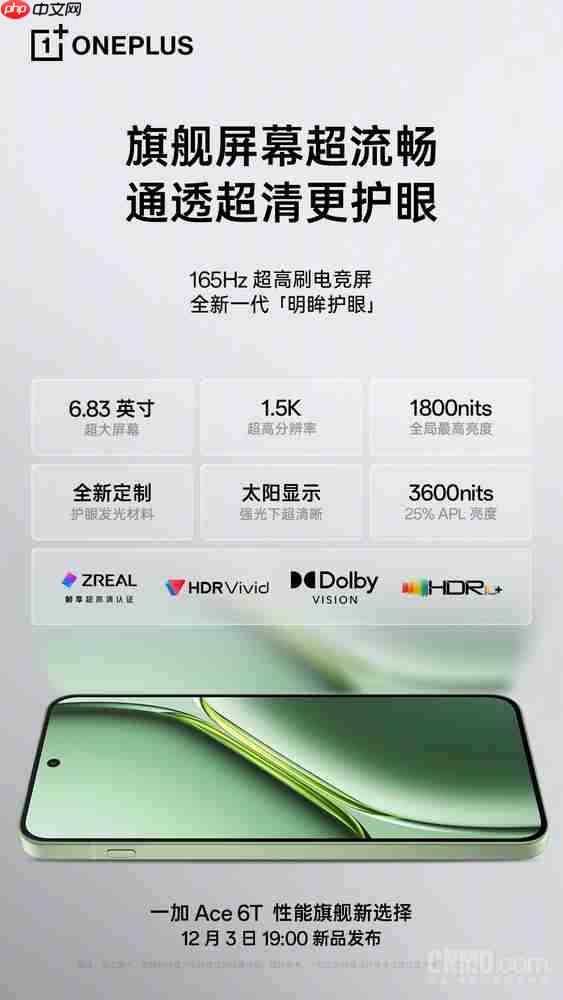 一加李杰：Ace 6T搭载索尼IMX906主摄 12月3日发布