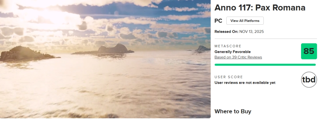 《纪元117：罗马和平》M站均分85分！IGN9分好评