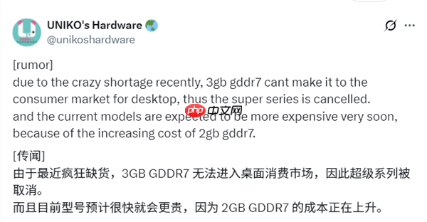 RTX 50 SUPER系列要无了！存储涨价惹的祸