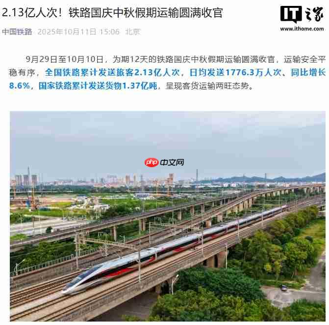 2.13 亿人次，2025 铁路国庆中秋假期运输圆满收官