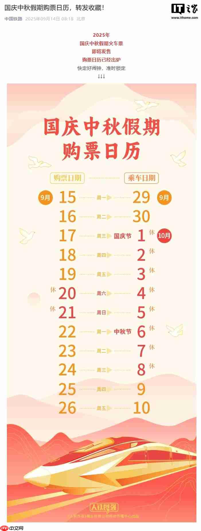 中国铁路公布国庆中秋假期购票日历，明日可购 9 月 29 日车票
