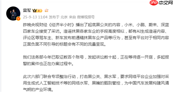 雷军自曝：已取证数百账号 发起诉讼数十起 正在等待逐一开庭