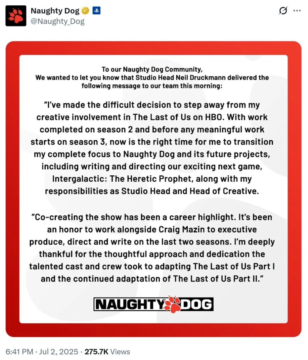 尼尔退出《最后的生还者》真人剧第三季 专注于顽皮狗自己的项目