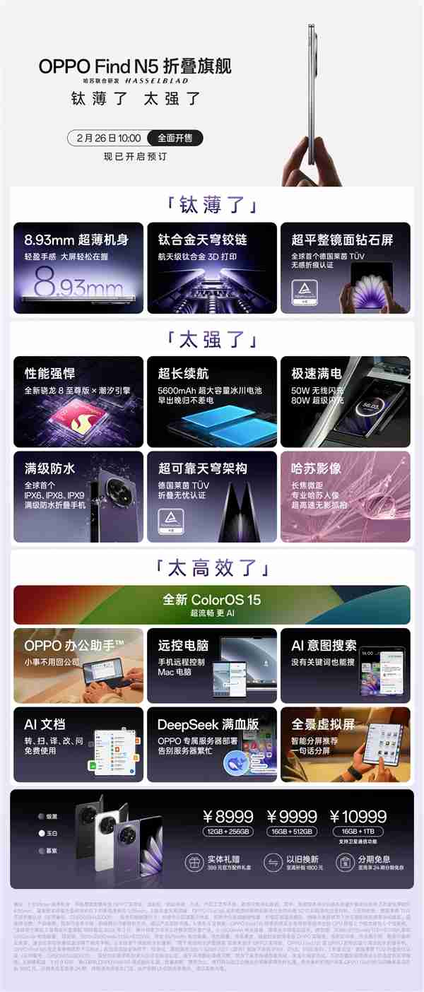 8.93mm全球最薄折叠屏！OPPO Find N5一图看懂：8999元起