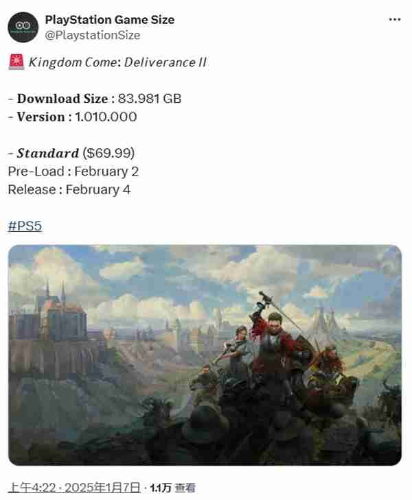 《天国：拯救2》PS5版将于2月2日开启预载 容量约84G