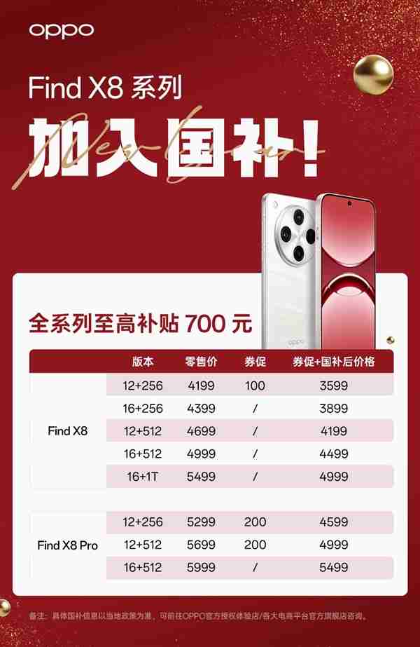 OPPO Find X8全系纳入国补计划：购机最高立省700元