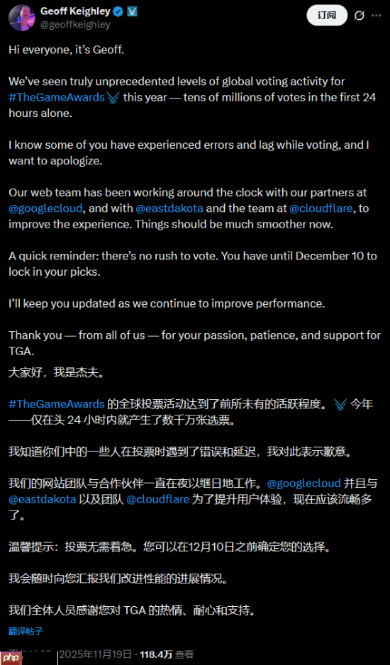 TGA投票太卡？不是你的错！官方承认正在修复