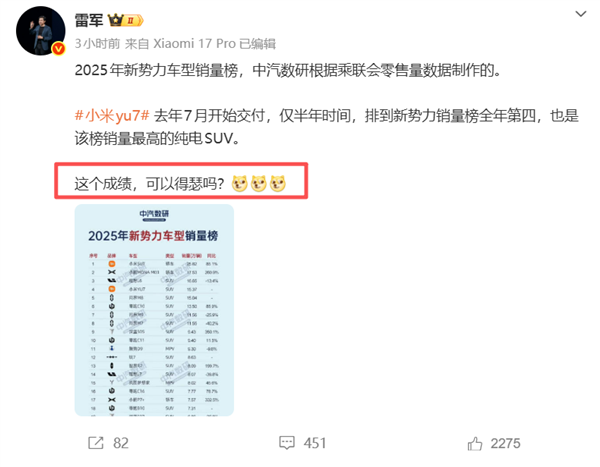 大家看图说话！雷军：这个成绩 可以得瑟吗